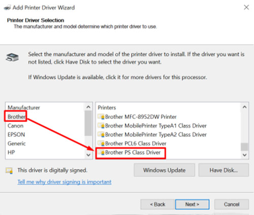 Selecting "Brother PS Driver"